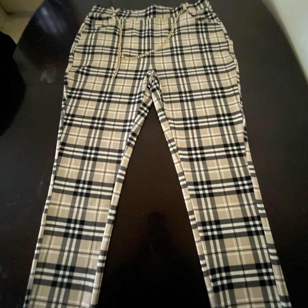 Tan and Black Straight Leg Pants with Plaid Pattern